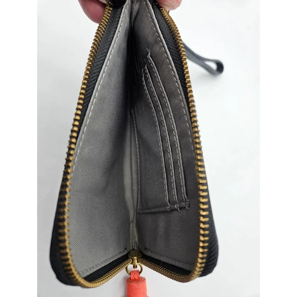 Fossil Black Pebbled Leather‎ Wristlet Clutch With Orange Tassle Zipper Close